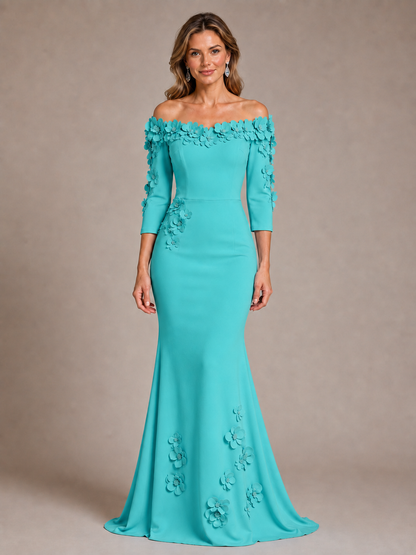 Light Blue 3D Floral Applique Off-the-Shoulder Mother of the Bride Dress
