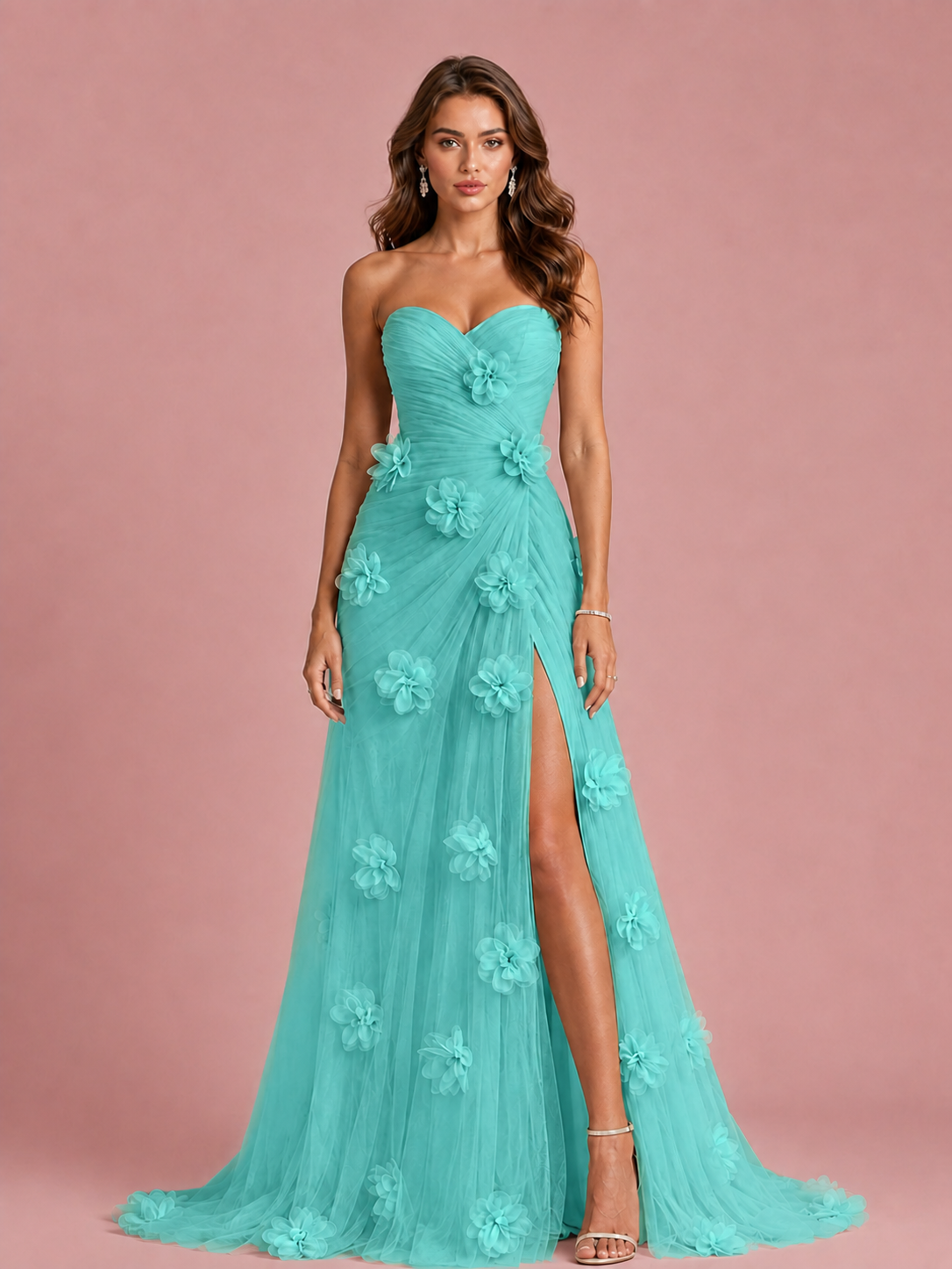 Pink 3D Floral Applique Strapless Tulle Prom Dress with High Slit