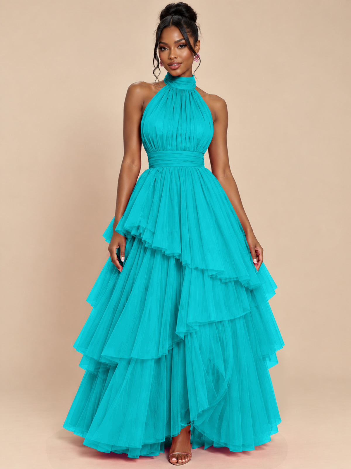 Hot Pink Tulle Halter Neck Tiered Ruffle Maxi Dress