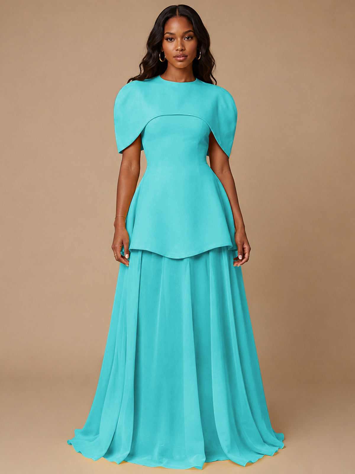 Yellow Cape Sleeve Peplum Maxi Dress