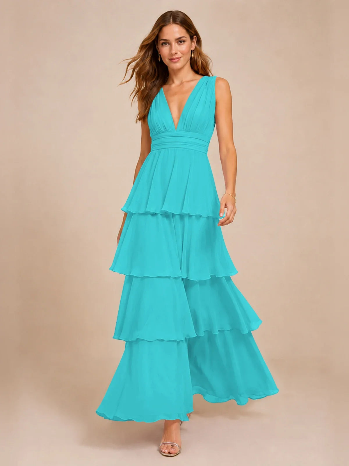 Elegant Deep V Neck Chiffon Bridesmaid Dress with Tiered Ruffles