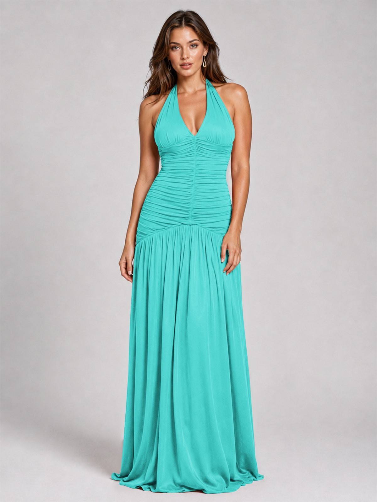 Burnt Orange Ruched Halter Drop-Waist Prom Dress