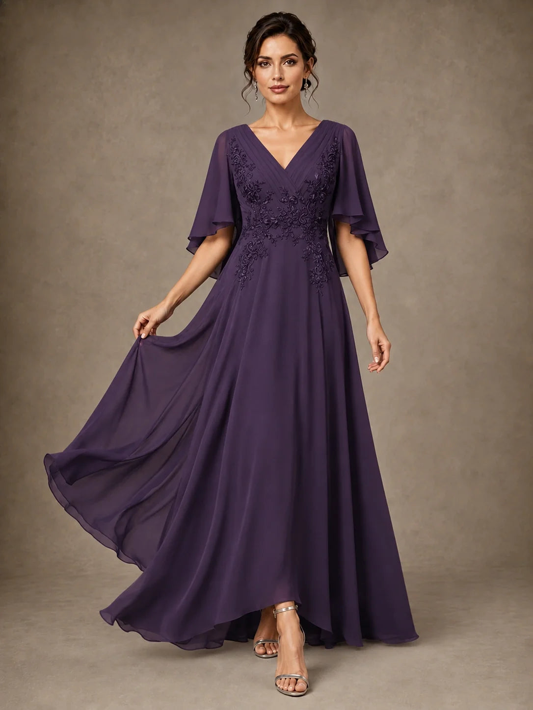 V-Neck Chiffon Lace Mother of the Bride Dress with Flutter Sleeves