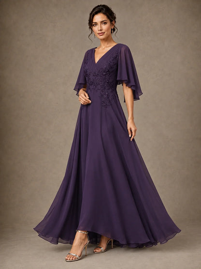 V-Neck Chiffon Lace Mother of the Bride Dress with Flutter Sleeves