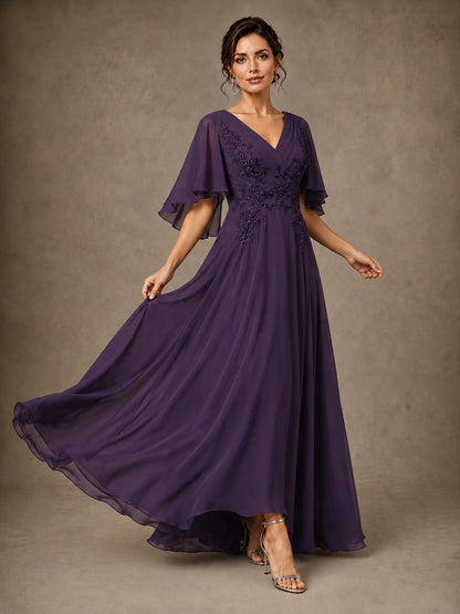 V-Neck Chiffon Lace Mother of the Bride Dress with Flutter Sleeves