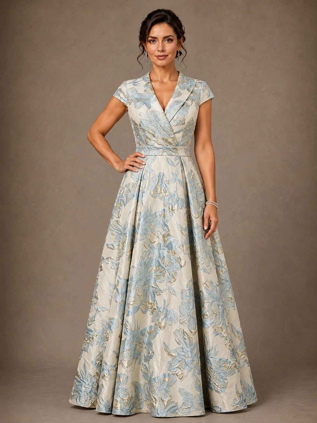 V-Neck Floral Jacquard A-Line Mother of the Bride Gown