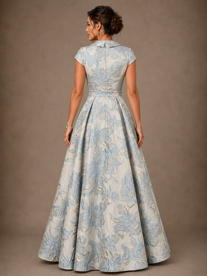 V-Neck Floral Jacquard A-Line Mother of the Bride Gown