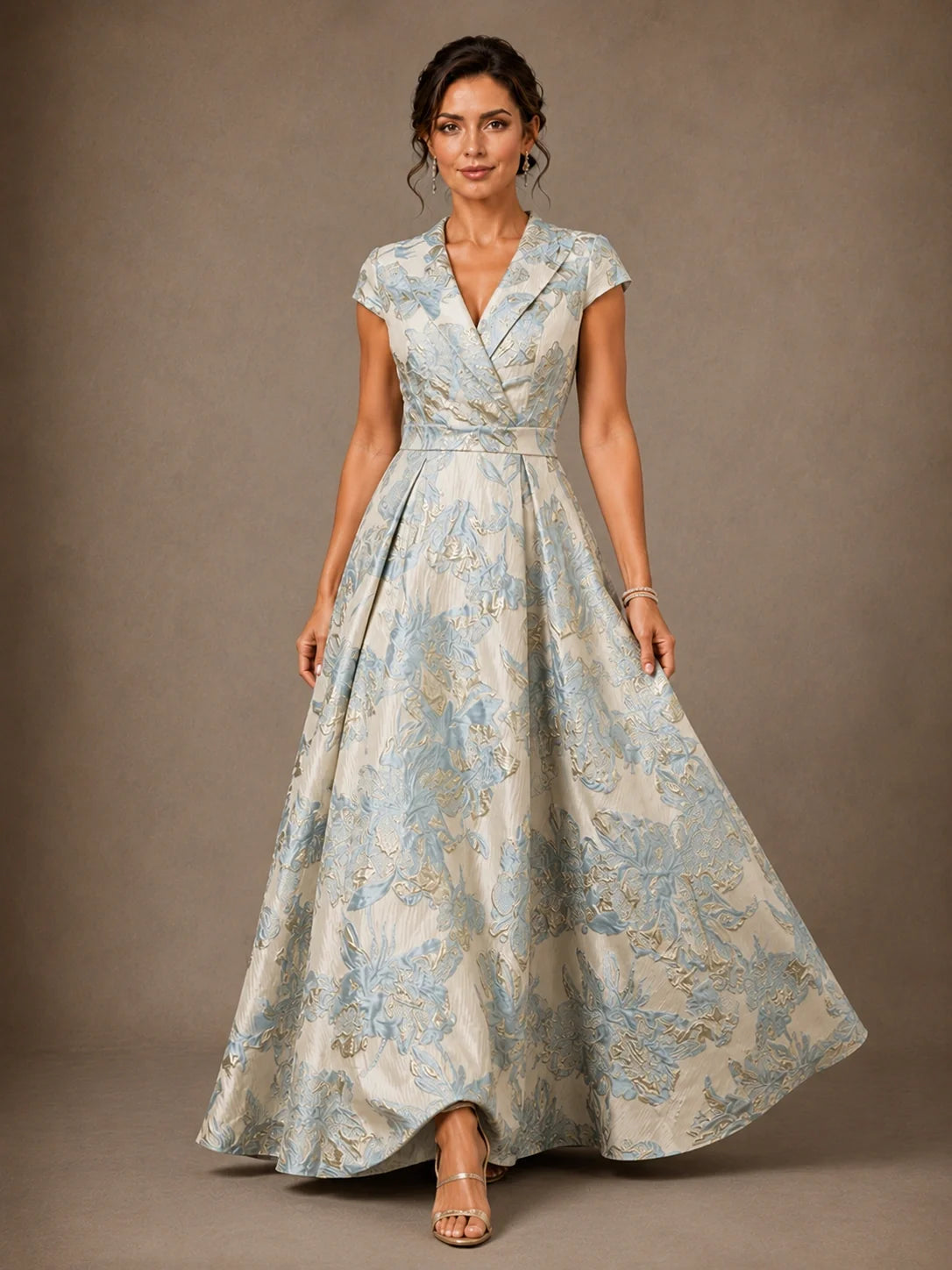V-Neck Floral Jacquard A-Line Mother of the Bride Gown