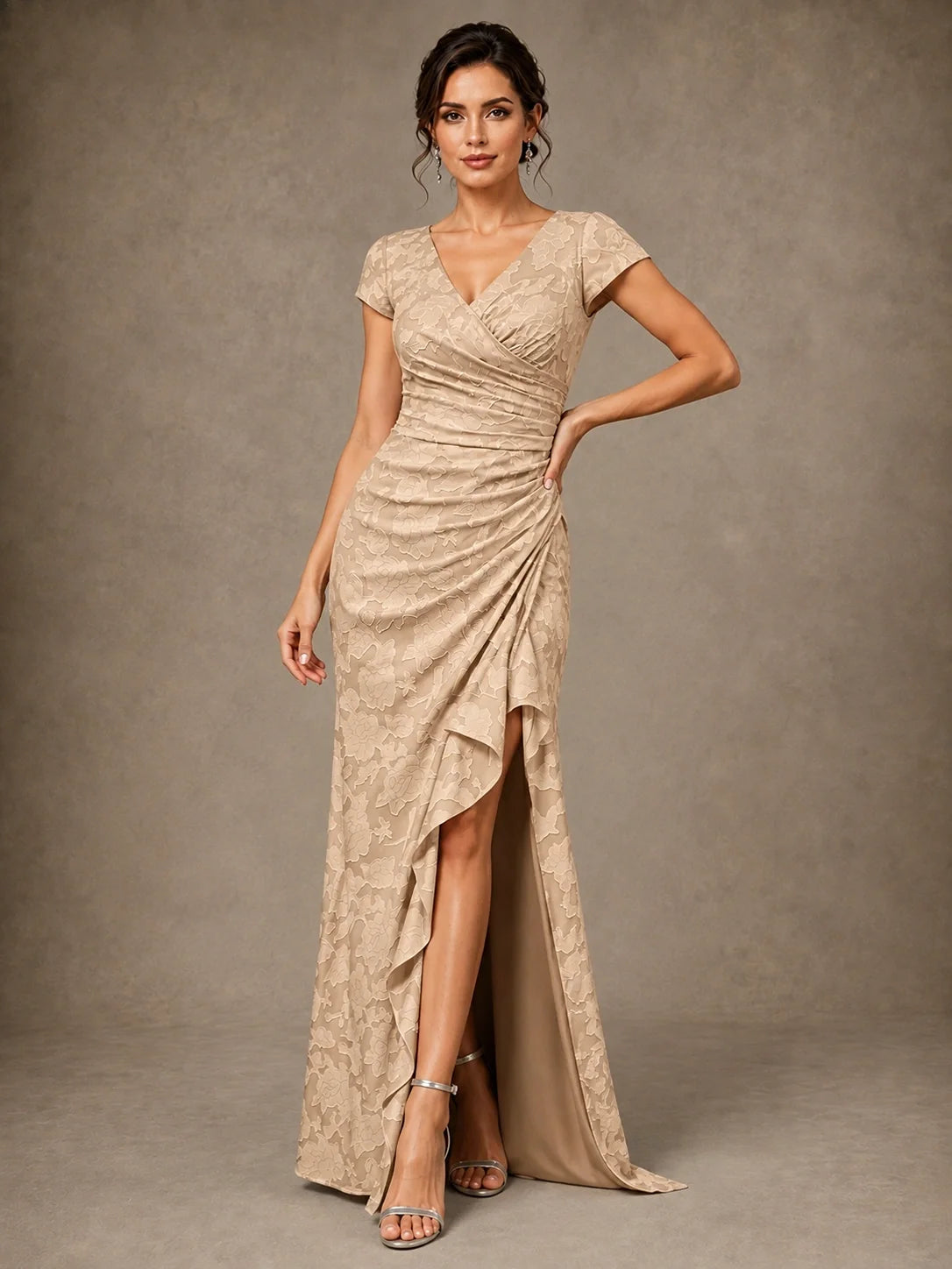 V-Neck Floral Jacquard Mother of the Bride Dress with Slit