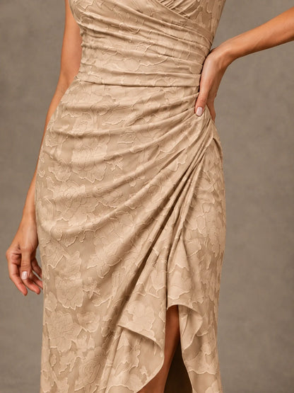 V-Neck Floral Jacquard Mother of the Bride Dress with Slit