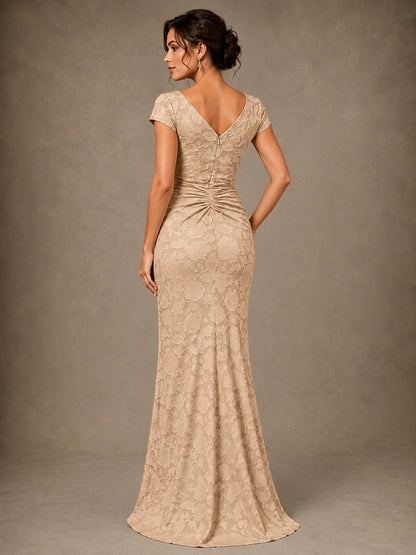 V-Neck Floral Jacquard Mother of the Bride Dress with Slit