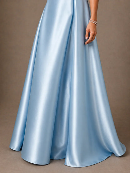 V-Neck Pleated Satin Mother of the Bride Gown with 3/4 Sleeves
