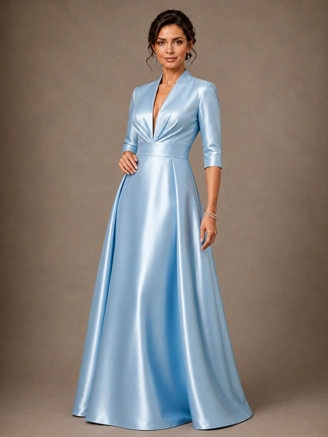 V-Neck Pleated Satin Mother of the Bride Gown with 3/4 Sleeves