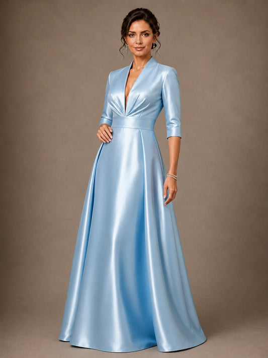 V-Neck Pleated Satin Mother of the Bride Gown with 3/4 Sleeves