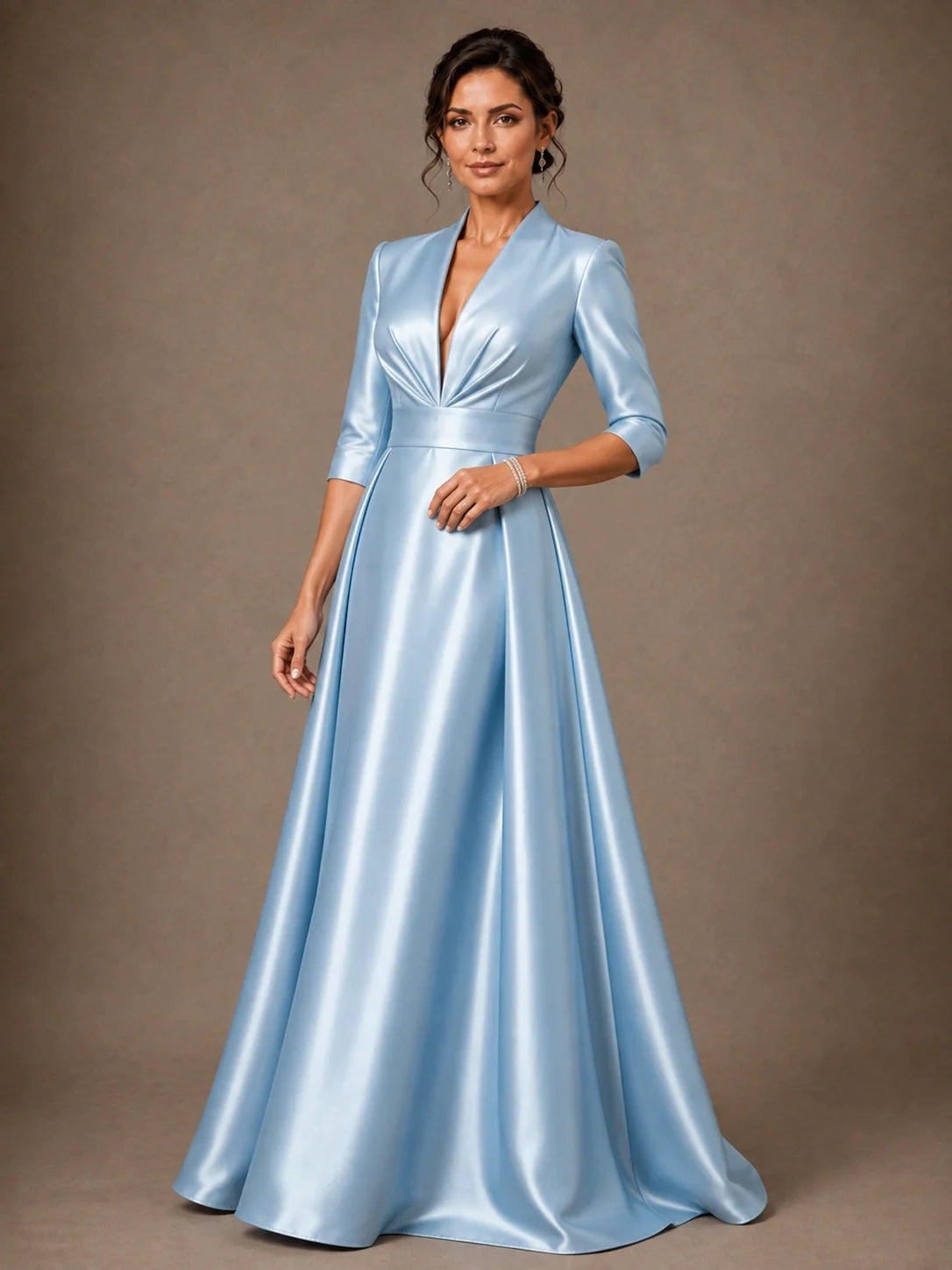V-Neck Pleated Satin Mother of the Bride Gown with 3/4 Sleeves