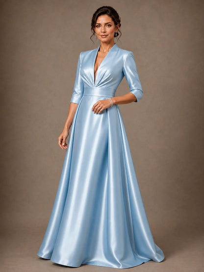 V-Neck Pleated Satin Mother of the Bride Gown with 3/4 Sleeves