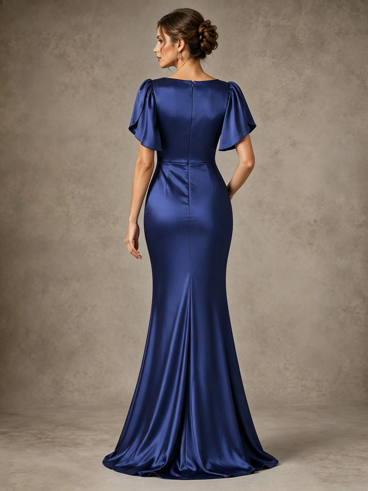 V-Neck Satin Mother of the Bride Dress with Flutter Sleeves