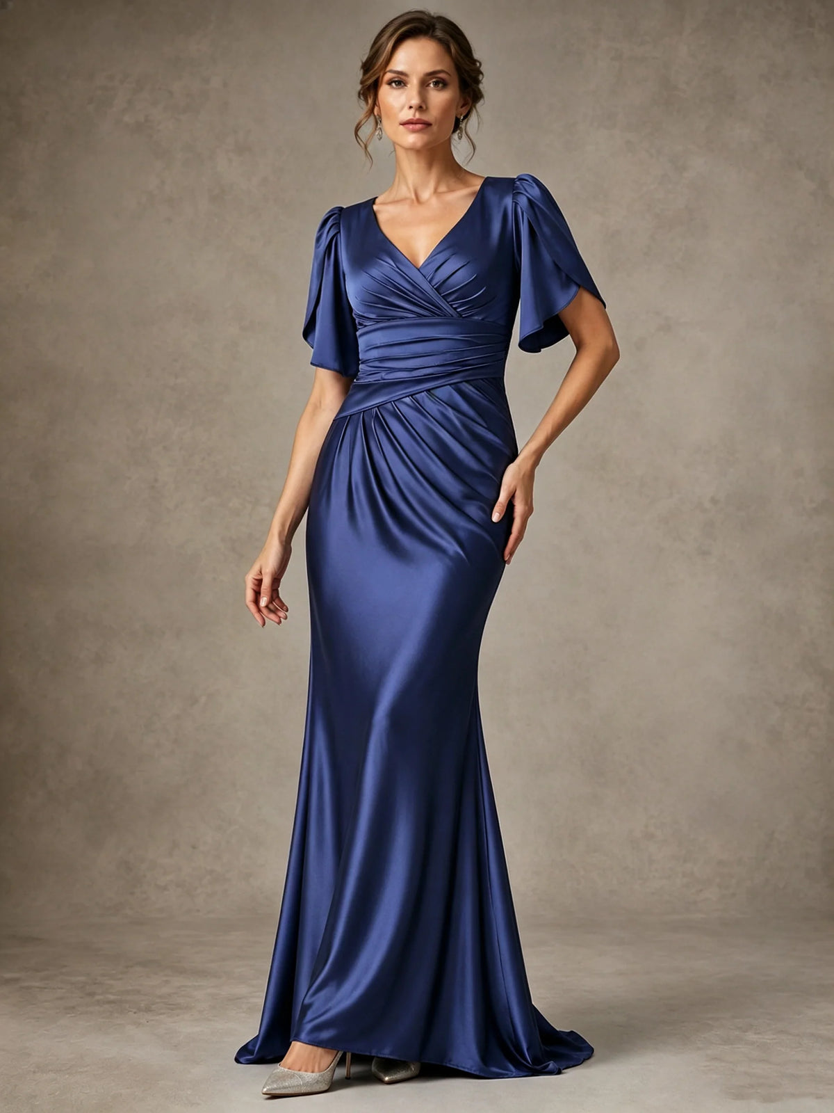 V-Neck Satin Mother of the Bride Dress with Flutter Sleeves