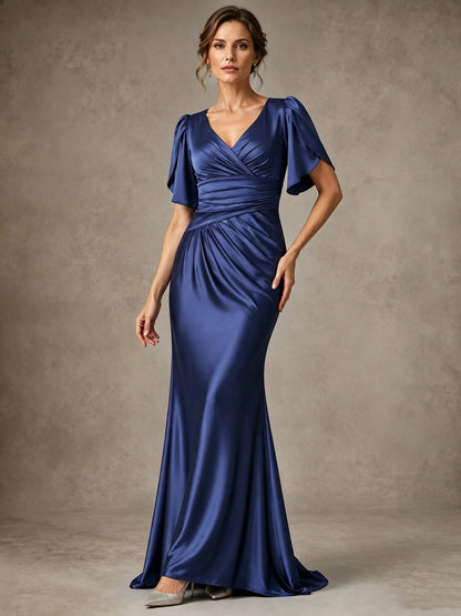V-Neck Satin Mother of the Bride Dress with Flutter Sleeves