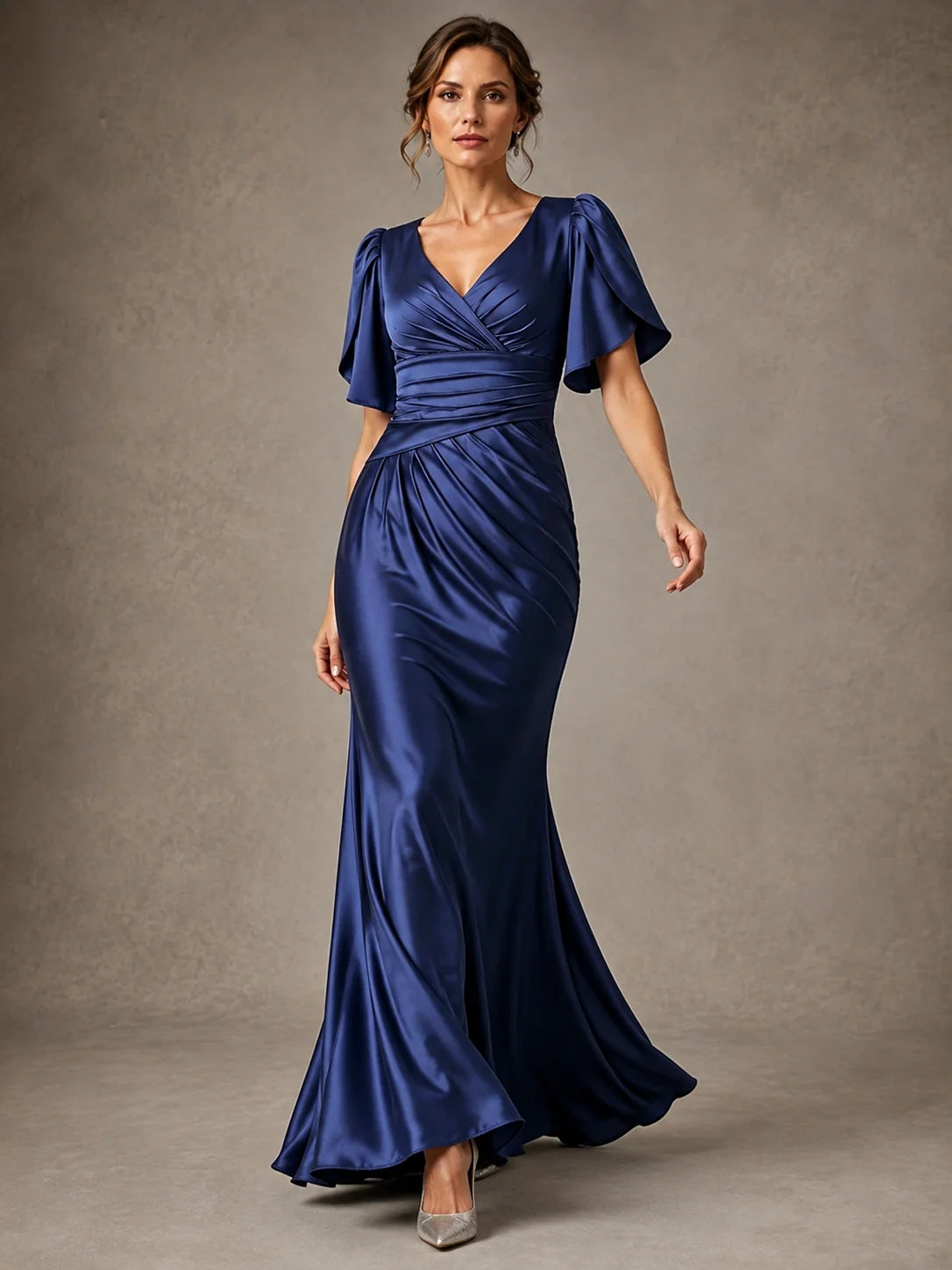 V-Neck Satin Mother of the Bride Dress with Flutter Sleeves
