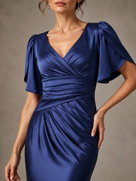 V-Neck Satin Mother of the Bride Dress with Flutter Sleeves