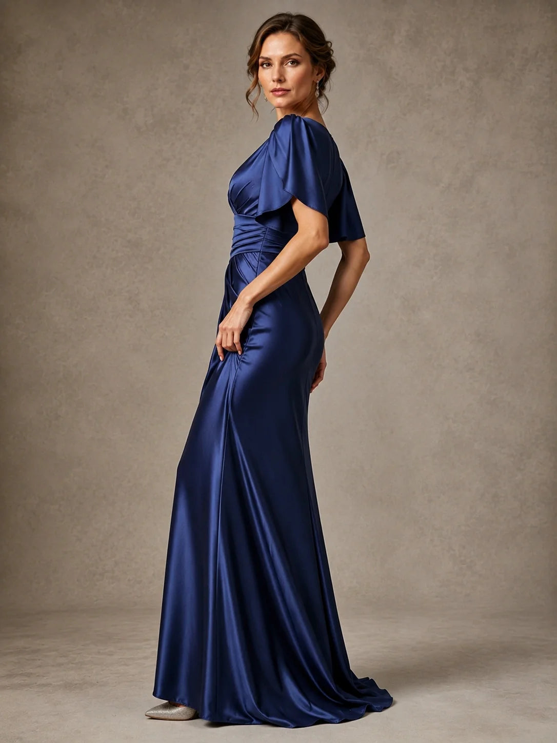 V-Neck Satin Mother of the Bride Dress with Flutter Sleeves