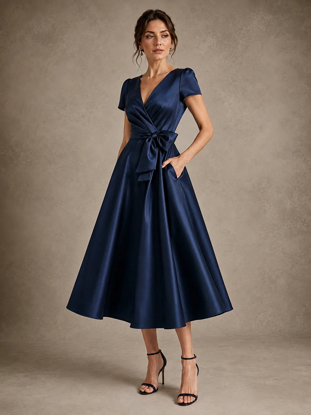 V-Neck Tea-Length Satin Mother of the Bride Dress with Bow
