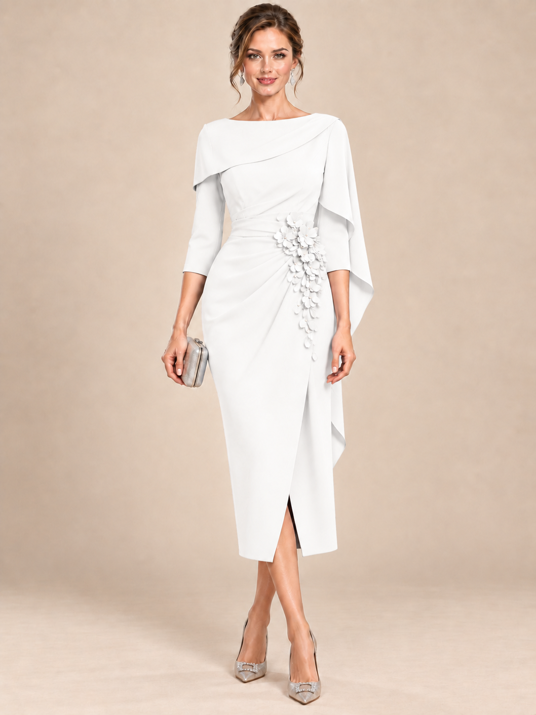 Light Blue Cape Sleeve Mother of the Bride Midi Dress with Floral Applique