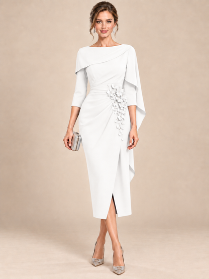 Light Blue Cape Sleeve Mother of the Bride Midi Dress with Floral Applique