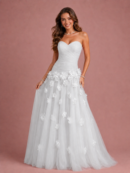 Blush Pink Strapless Sweetheart 3D Floral Tulle Ball Gown Prom Dres
