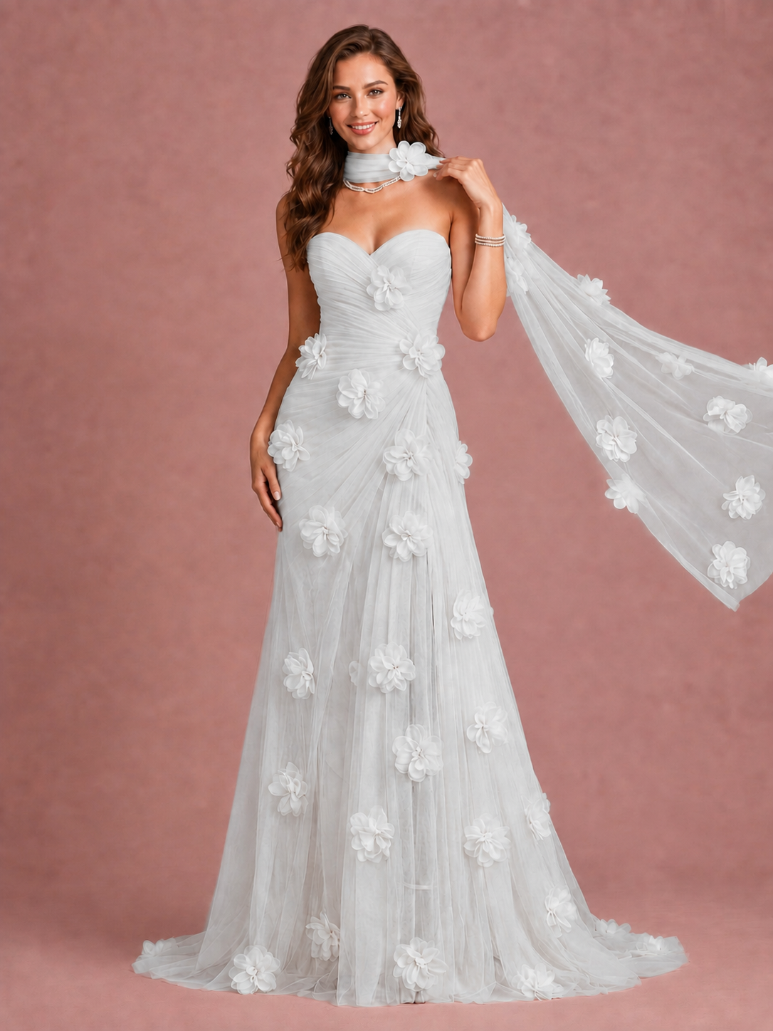 Blush Pink Strapless Sweetheart 3D Floral Tulle Mermaid Prom Dress