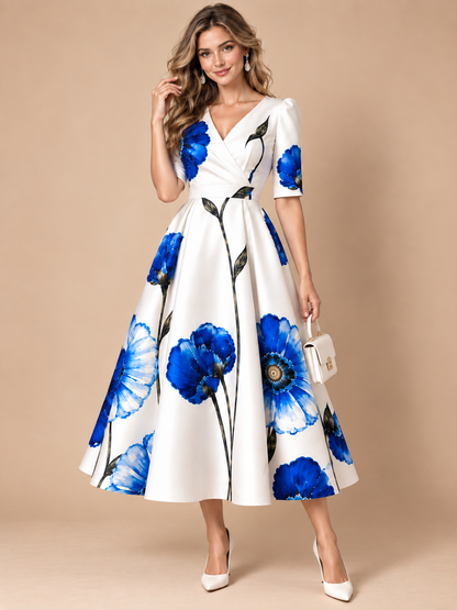 Blue Floral Print V-Neck A-Line Midi Dress with Pockets