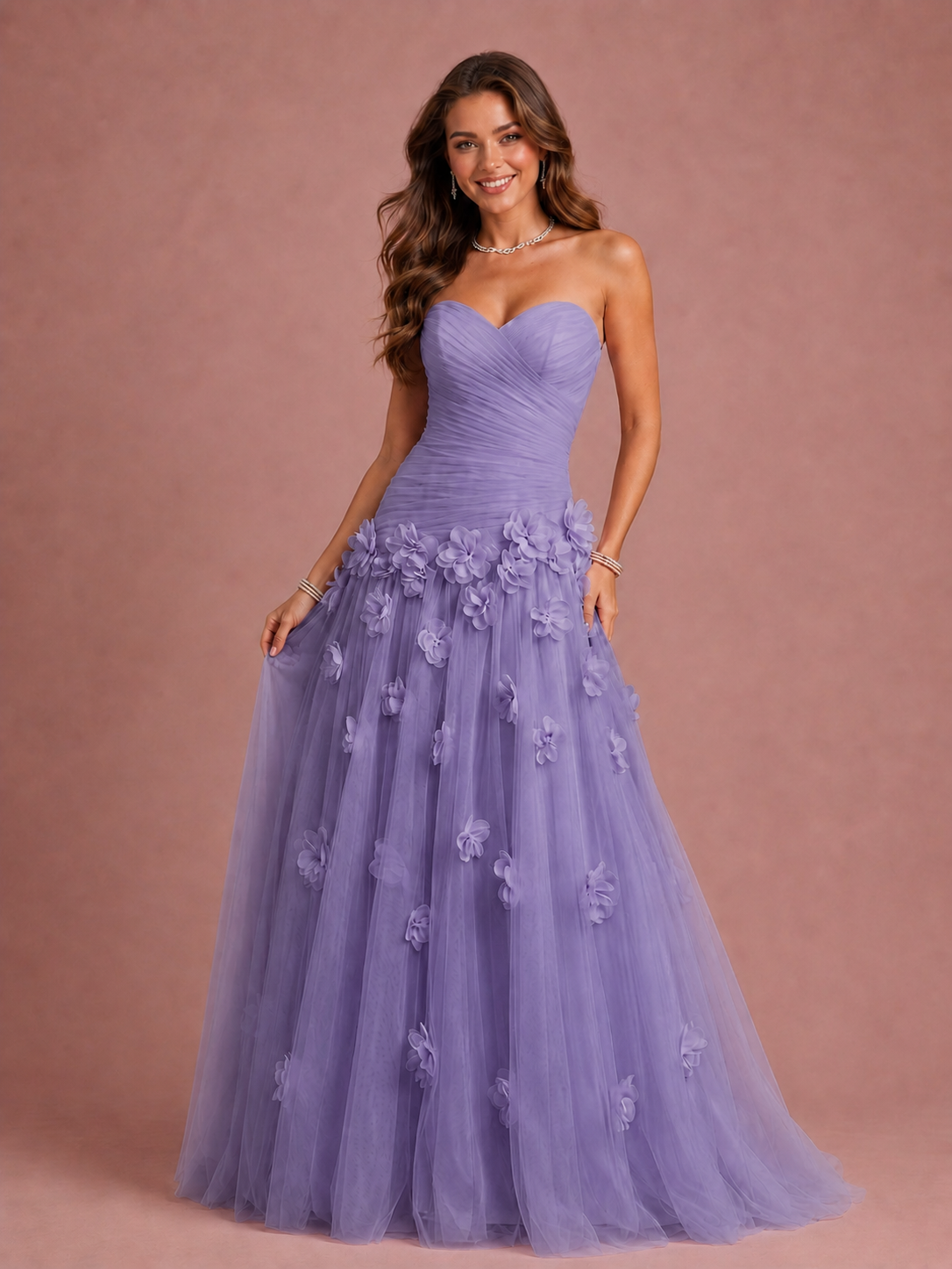 Blush Pink Strapless Sweetheart 3D Floral Tulle Ball Gown Prom Dres