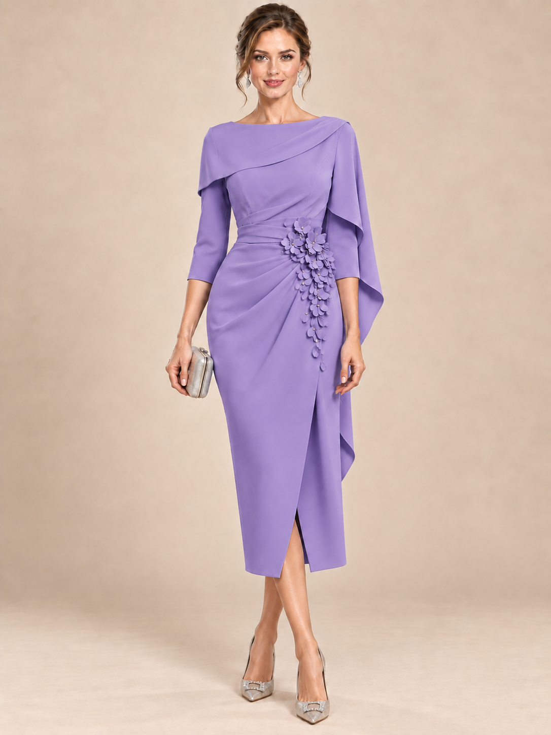 Light Blue Cape Sleeve Mother of the Bride Midi Dress with Floral Applique