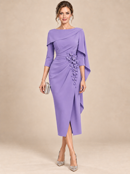 Light Blue Cape Sleeve Mother of the Bride Midi Dress with Floral Applique
