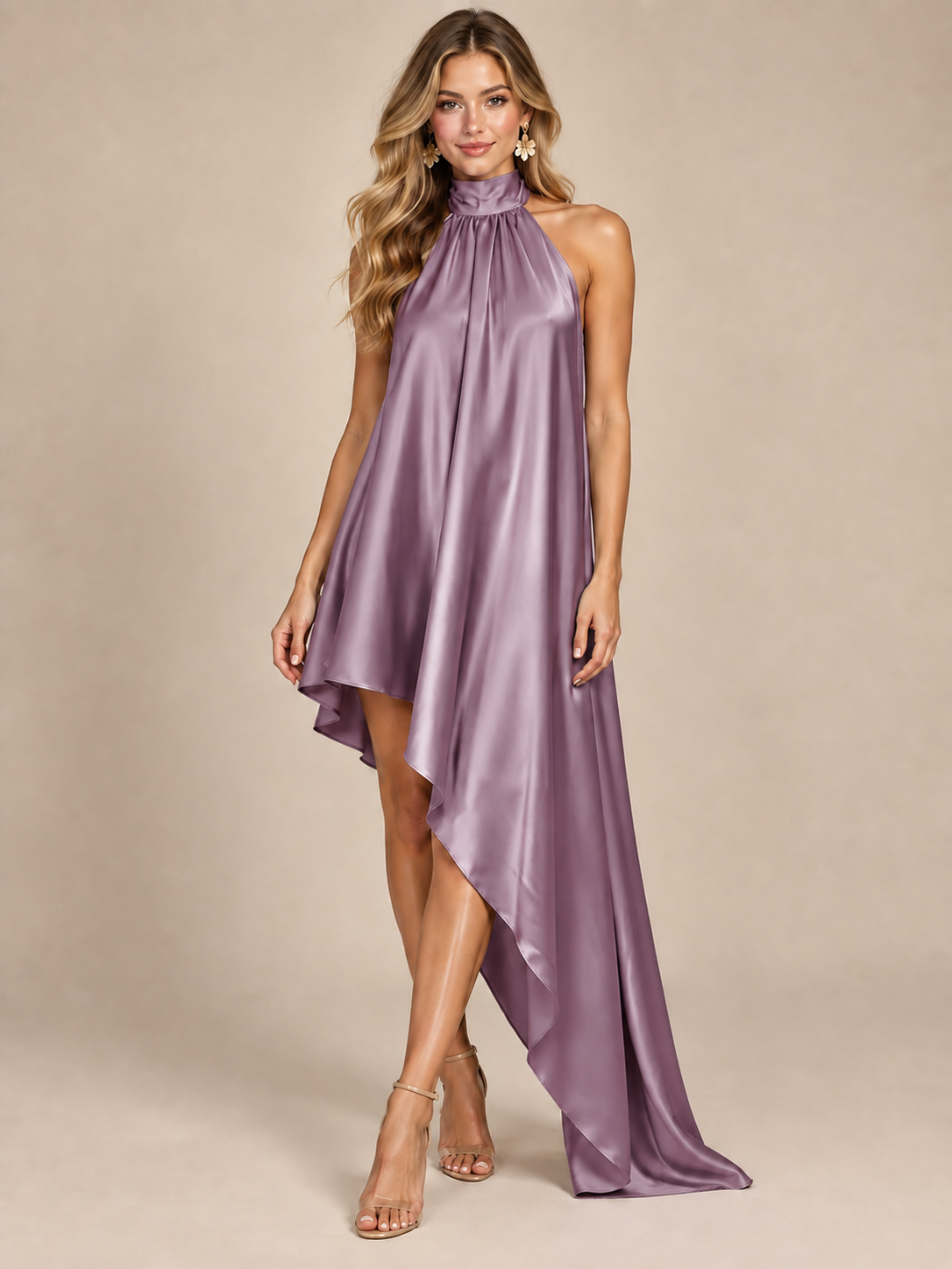 Sage Green Satin Halter Neck High-Low Maxi Dress