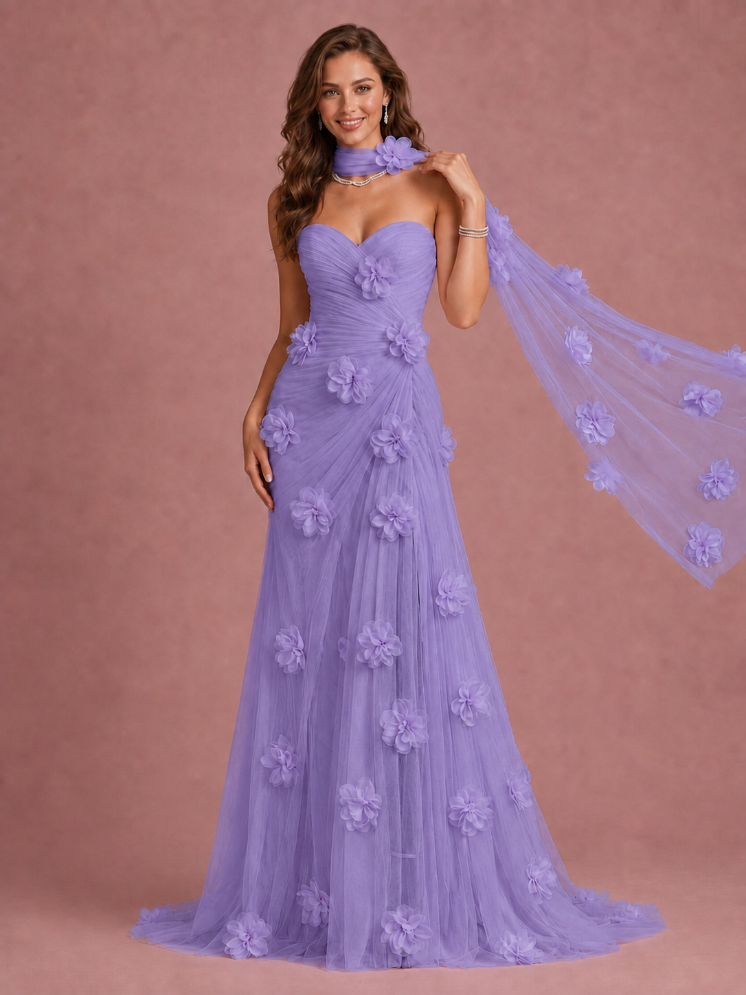 Blush Pink Strapless Sweetheart 3D Floral Tulle Mermaid Prom Dress