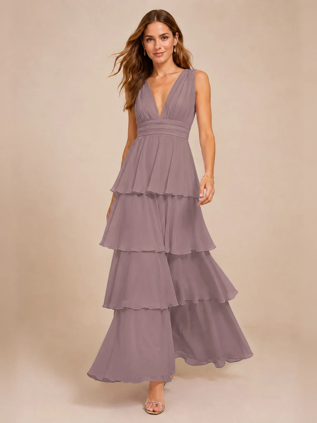 Elegant Deep V Neck Chiffon Bridesmaid Dress with Tiered Ruffles