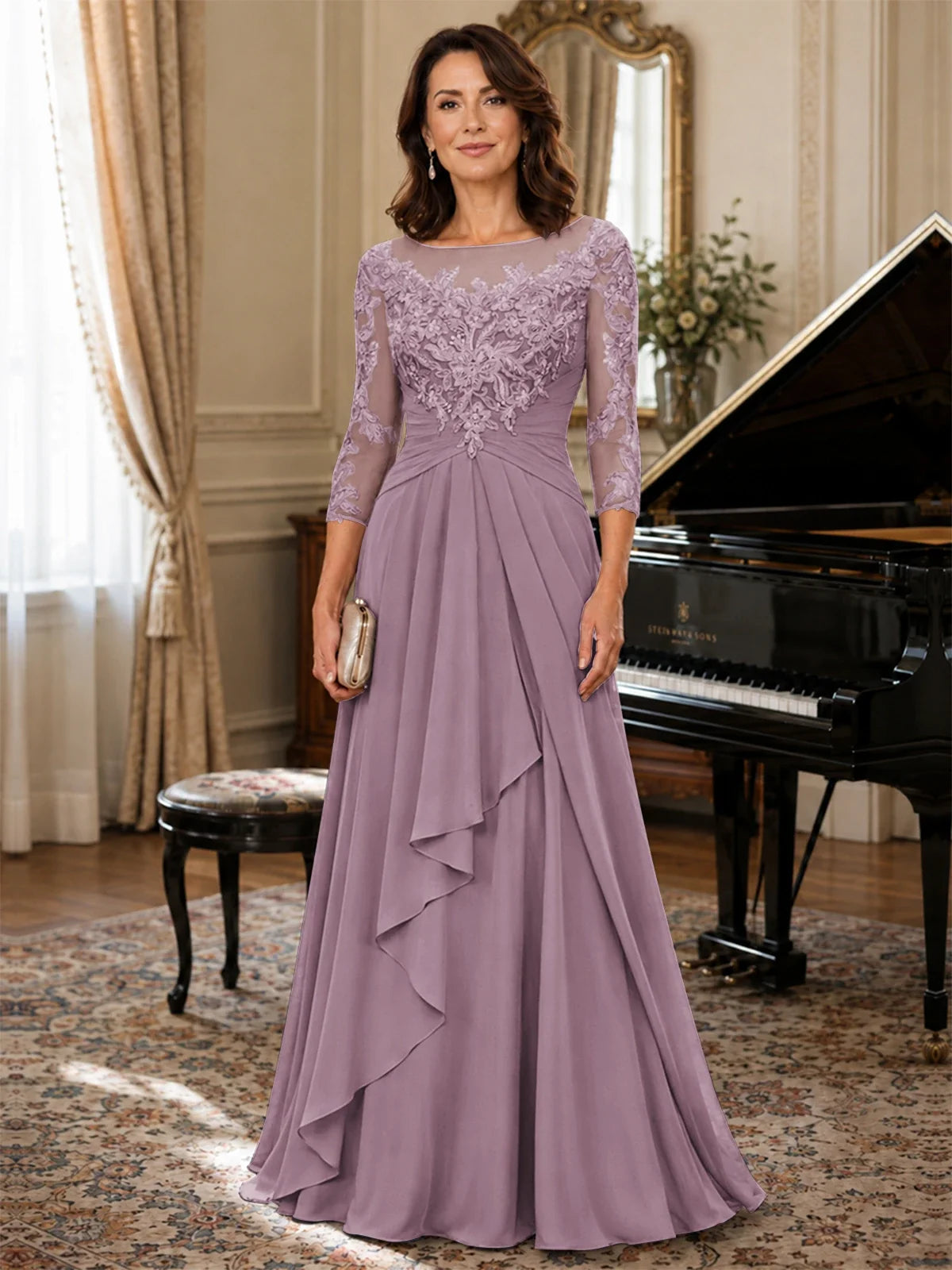 A-Line Chiffon Mother of the Bride Dress with Floral Applique 3/4 Sleeves