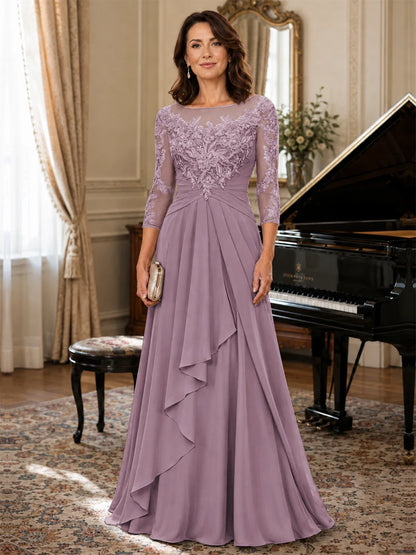 A-Line Chiffon Mother of the Bride Dress with Floral Applique 3/4 Sleeves