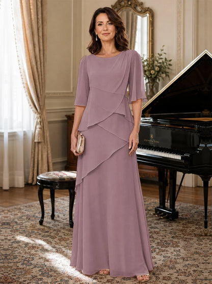 Asymmetric Draped Chiffon Mother of the Bride Dress with Flutter Sleeves