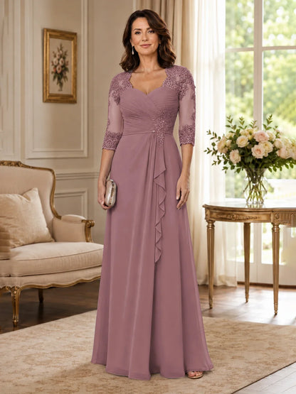 Chiffon Lace Applique Mother of the Bride Dress with 3/4 Sleeves