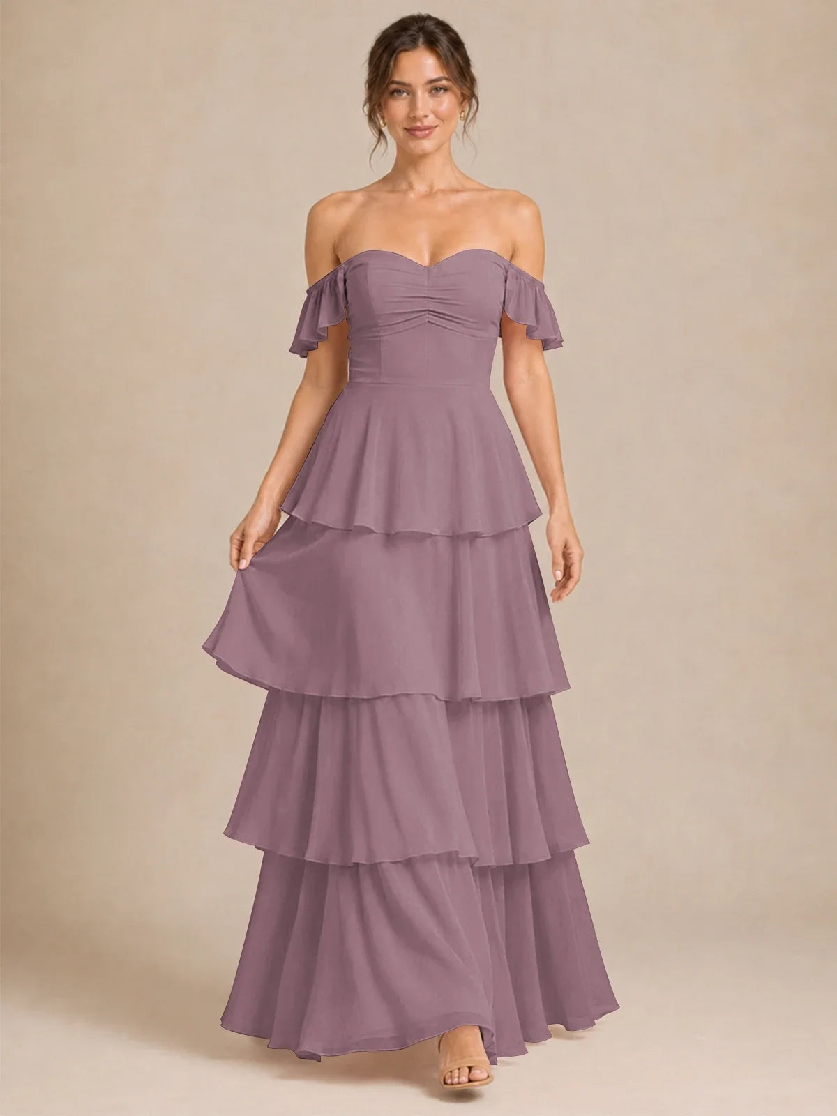 Off Shoulder Tiered Chiffon A-Line Bridesmaid Dress