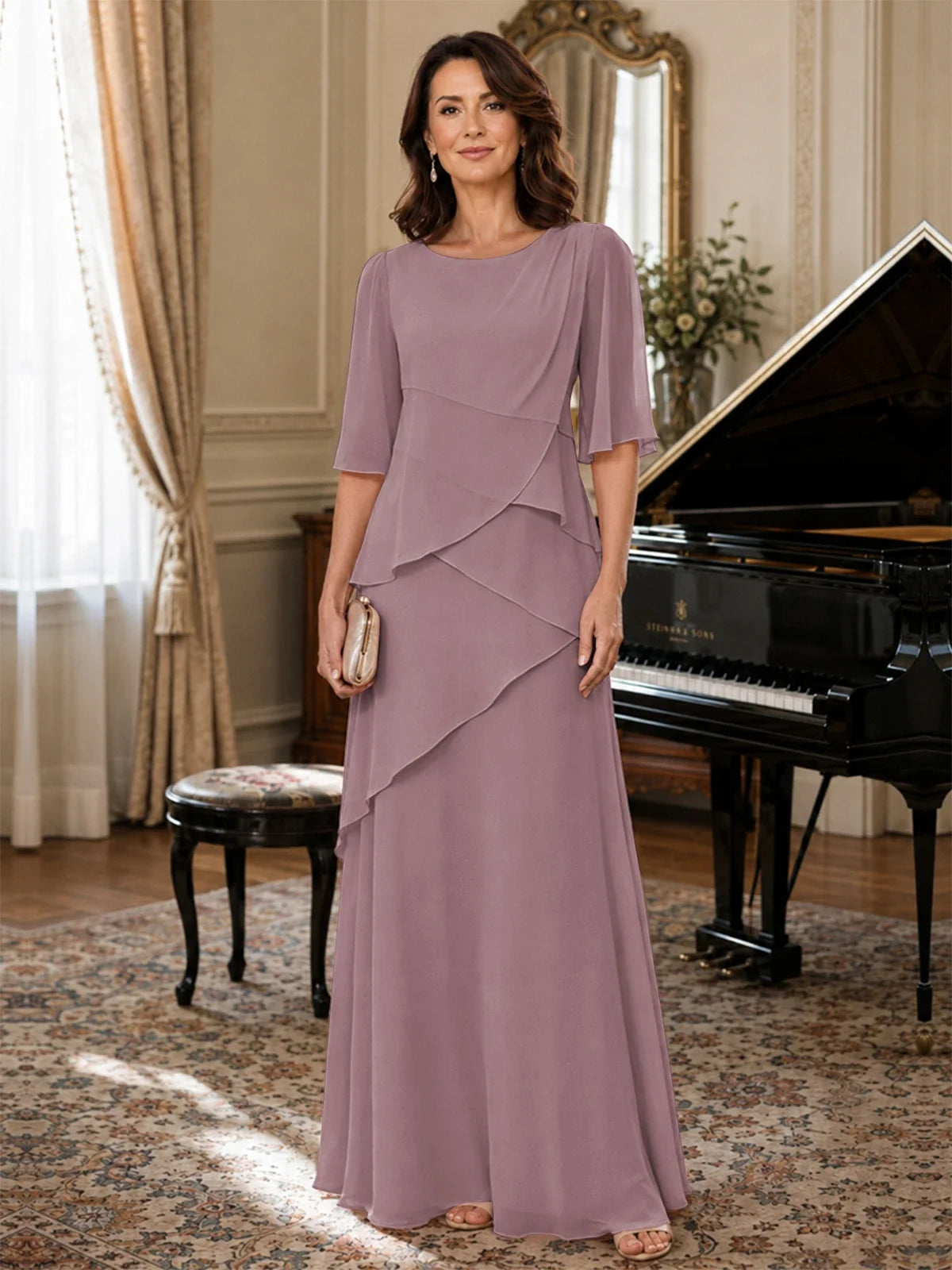 Asymmetric Draped Chiffon Mother of the Bride Dress with Flutter Sleeves