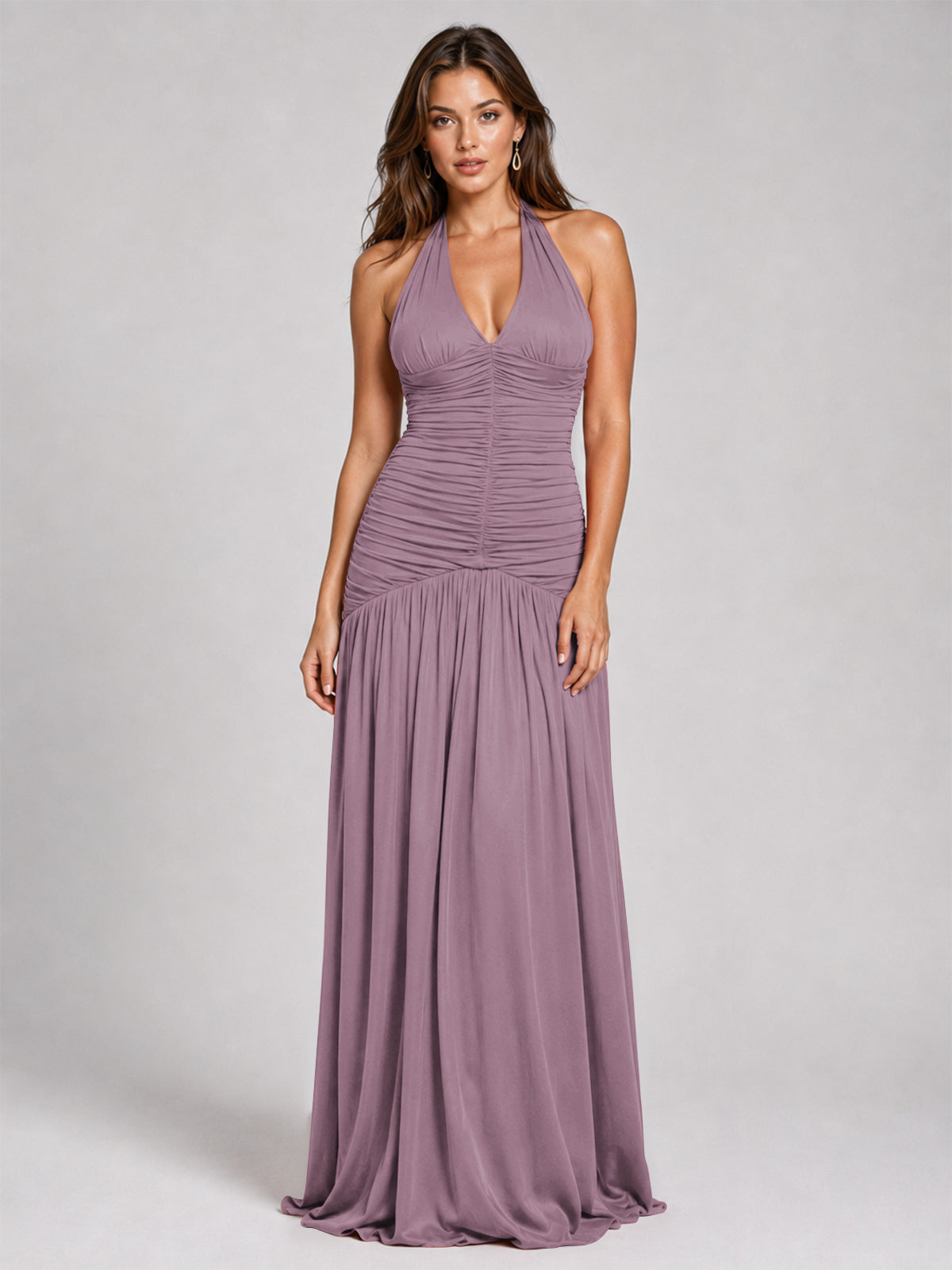 Burnt Orange Ruched Halter Drop-Waist Prom Dress