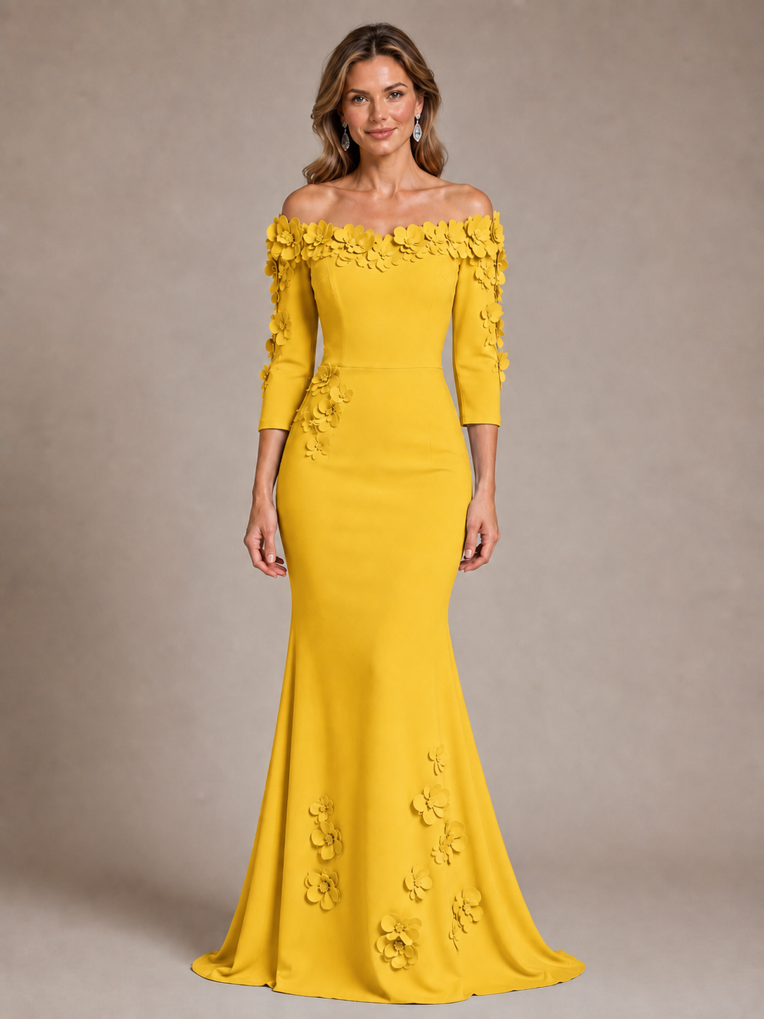 Light Blue 3D Floral Applique Off-the-Shoulder Mother of the Bride Dress