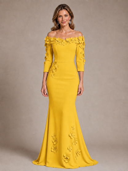Light Blue 3D Floral Applique Off-the-Shoulder Mother of the Bride Dress