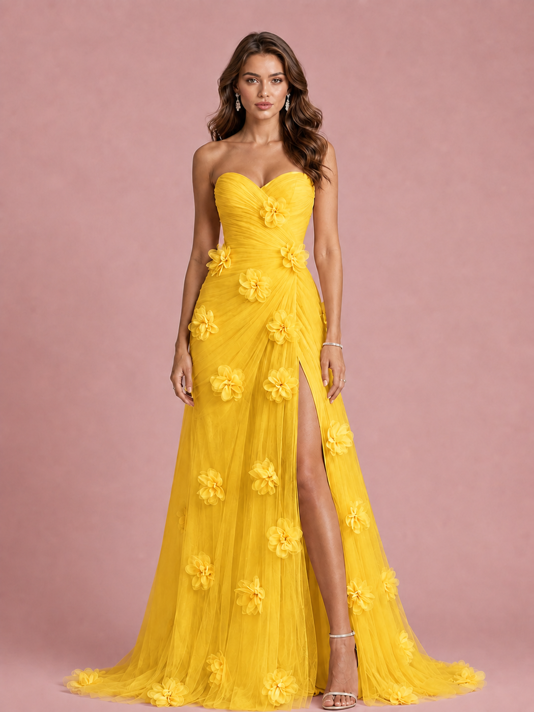 Pink 3D Floral Applique Strapless Tulle Prom Dress with High Slit