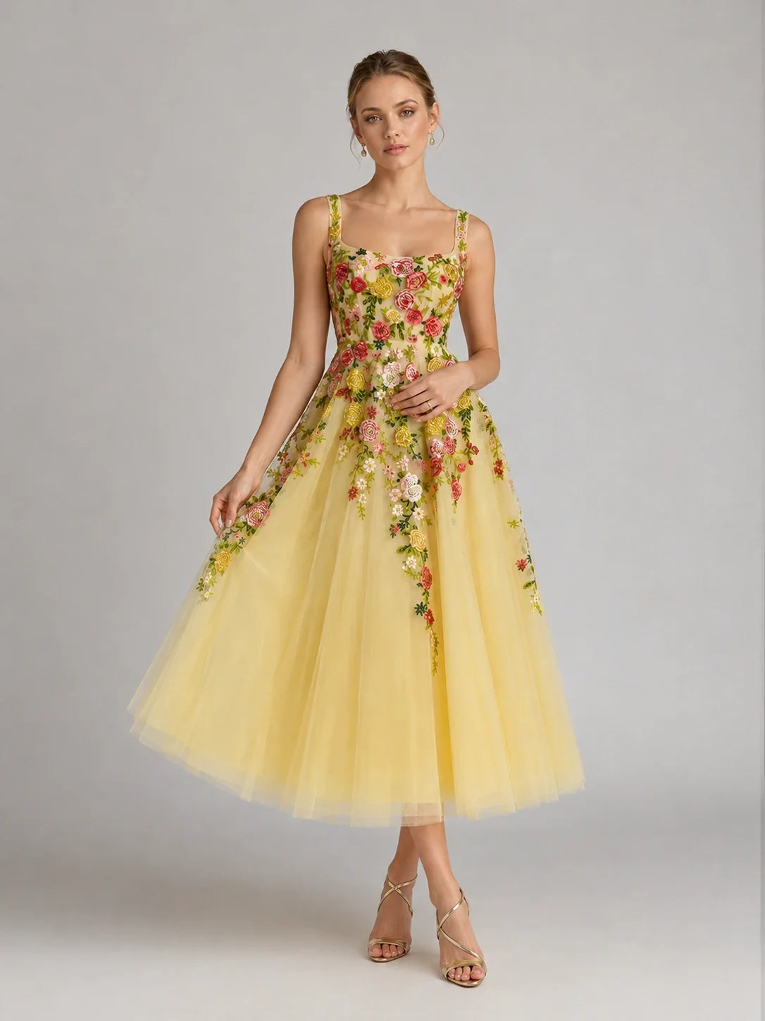 Yellow Floral Embroidered Tulle Midi Dress