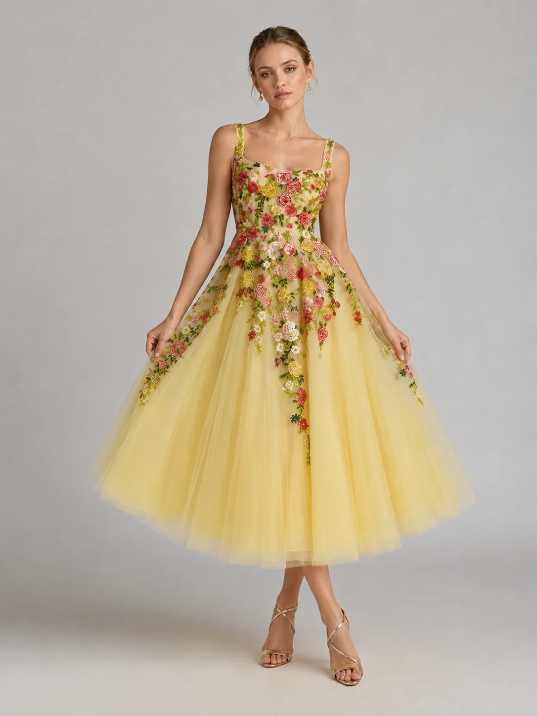 Yellow Floral Embroidered Tulle Midi Dress